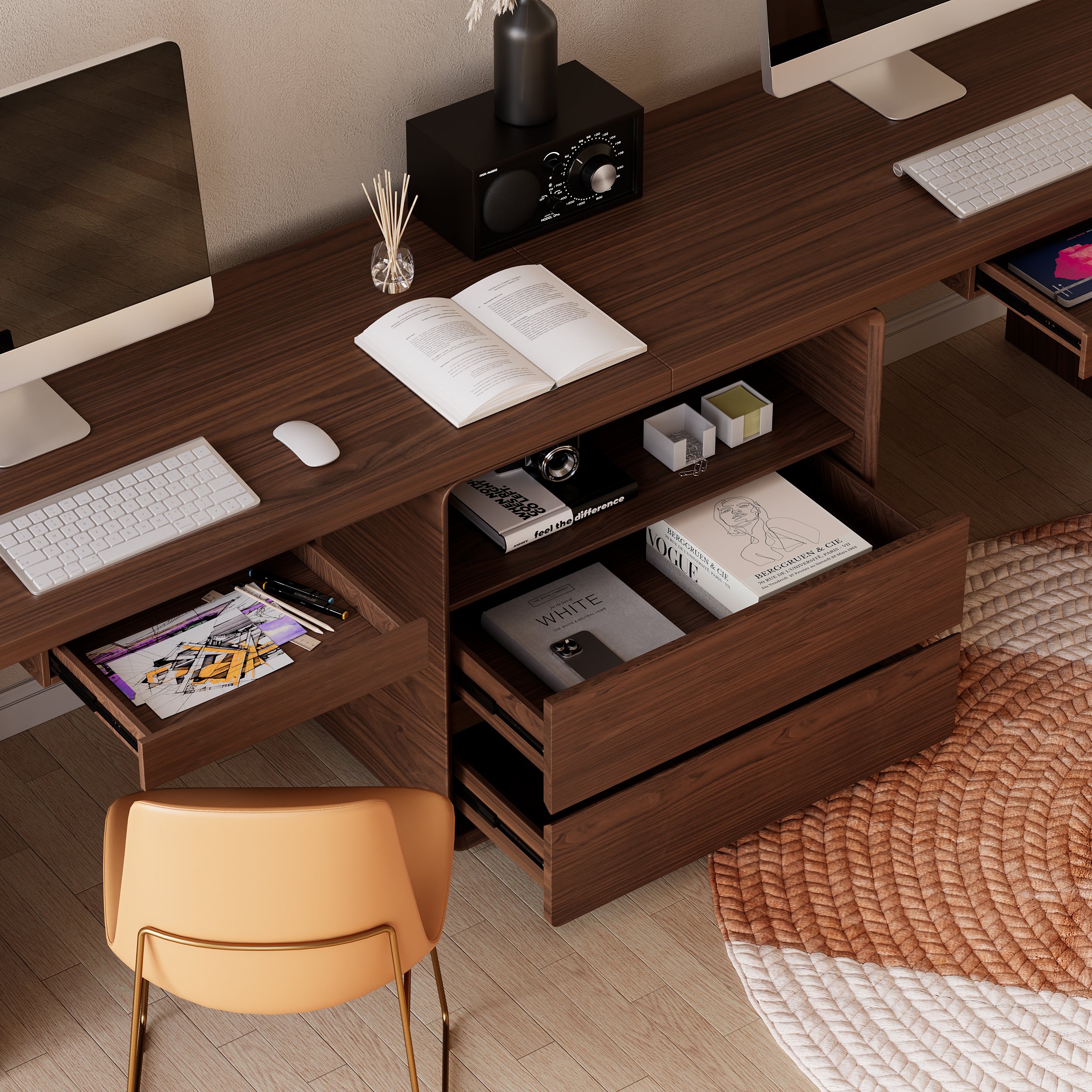 HMR 94.5" 2-Person Double Desk Modern Retangular Office Desk 4 Drawers & 1 Cabinet - Brown