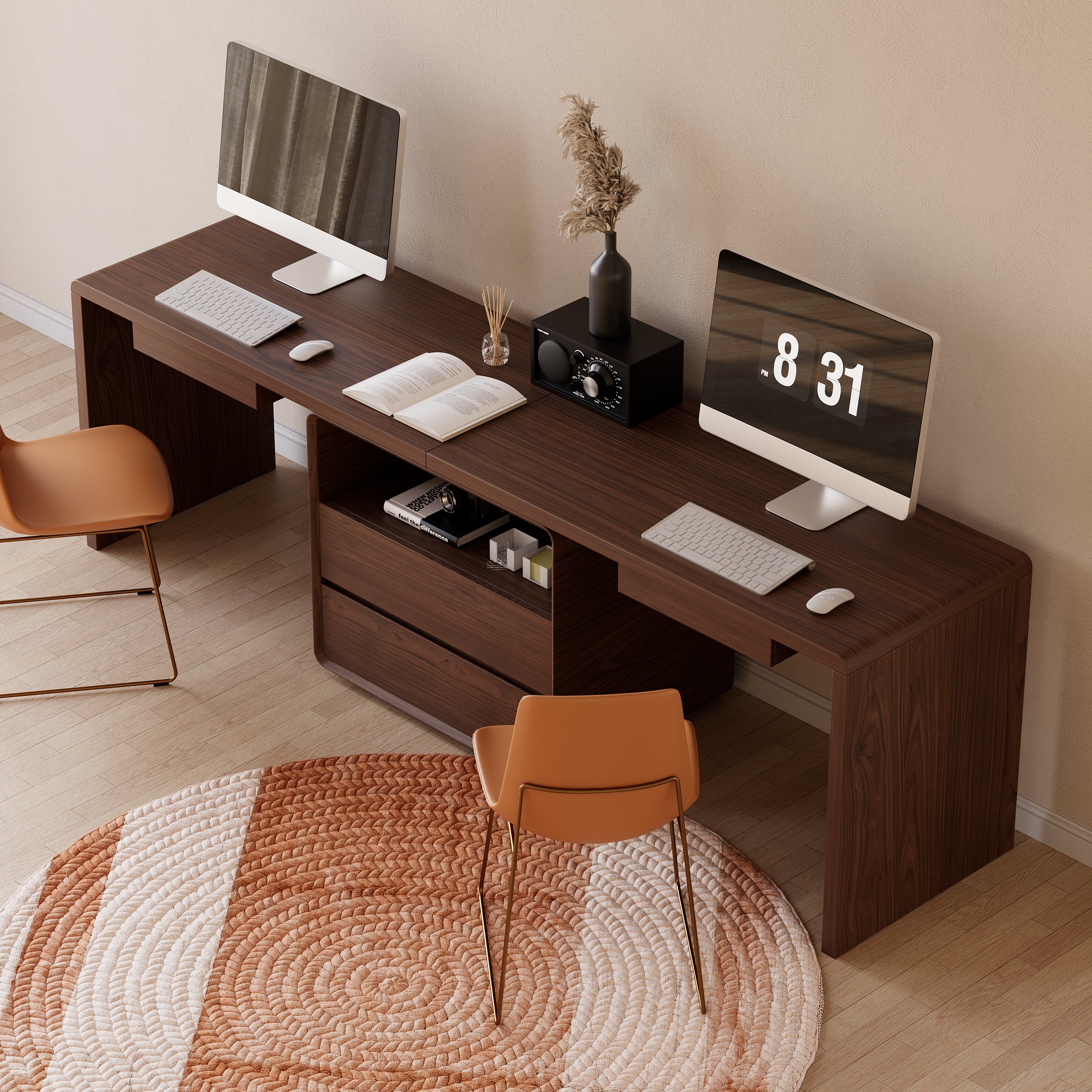 HMR 94.5" 2-Person Double Desk Modern Retangular Office Desk 4 Drawers & 1 Cabinet - Brown