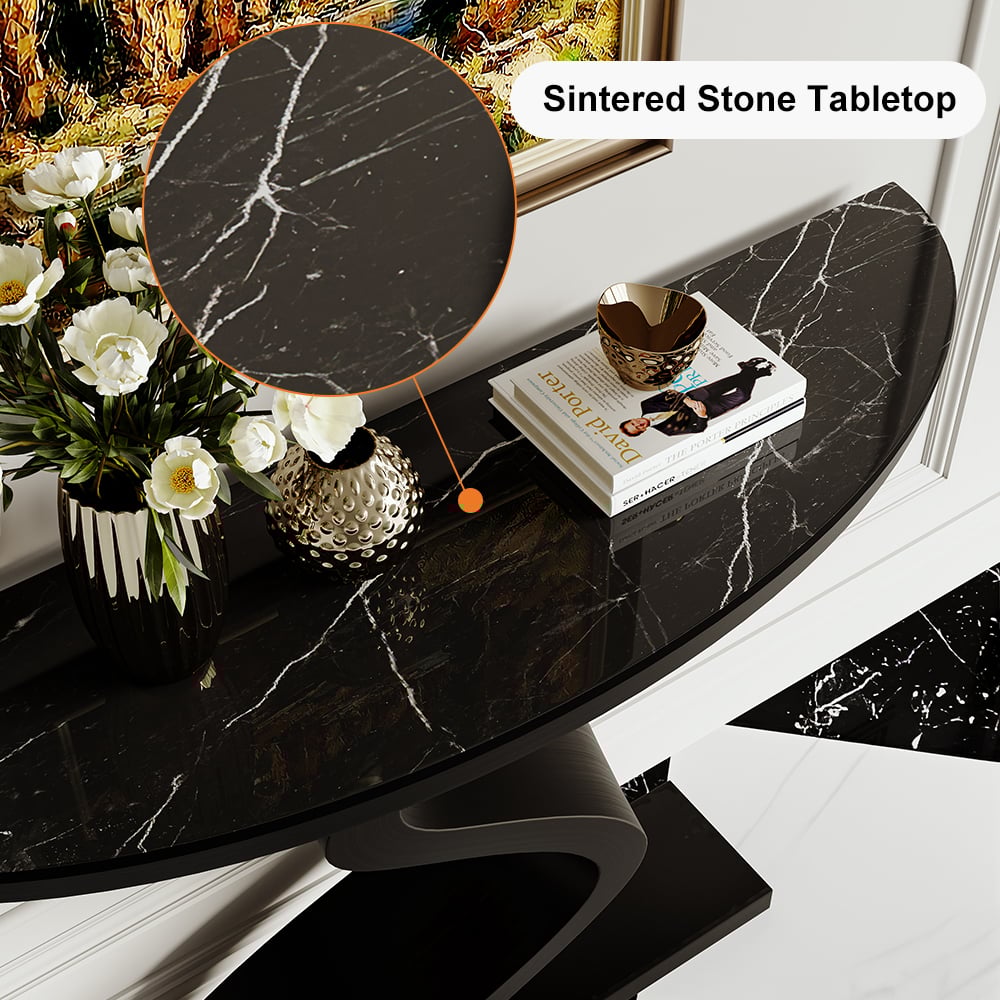 HMR - Modern 39.4" Curved Console Table with Sintered Stone Top Half Moon Shape