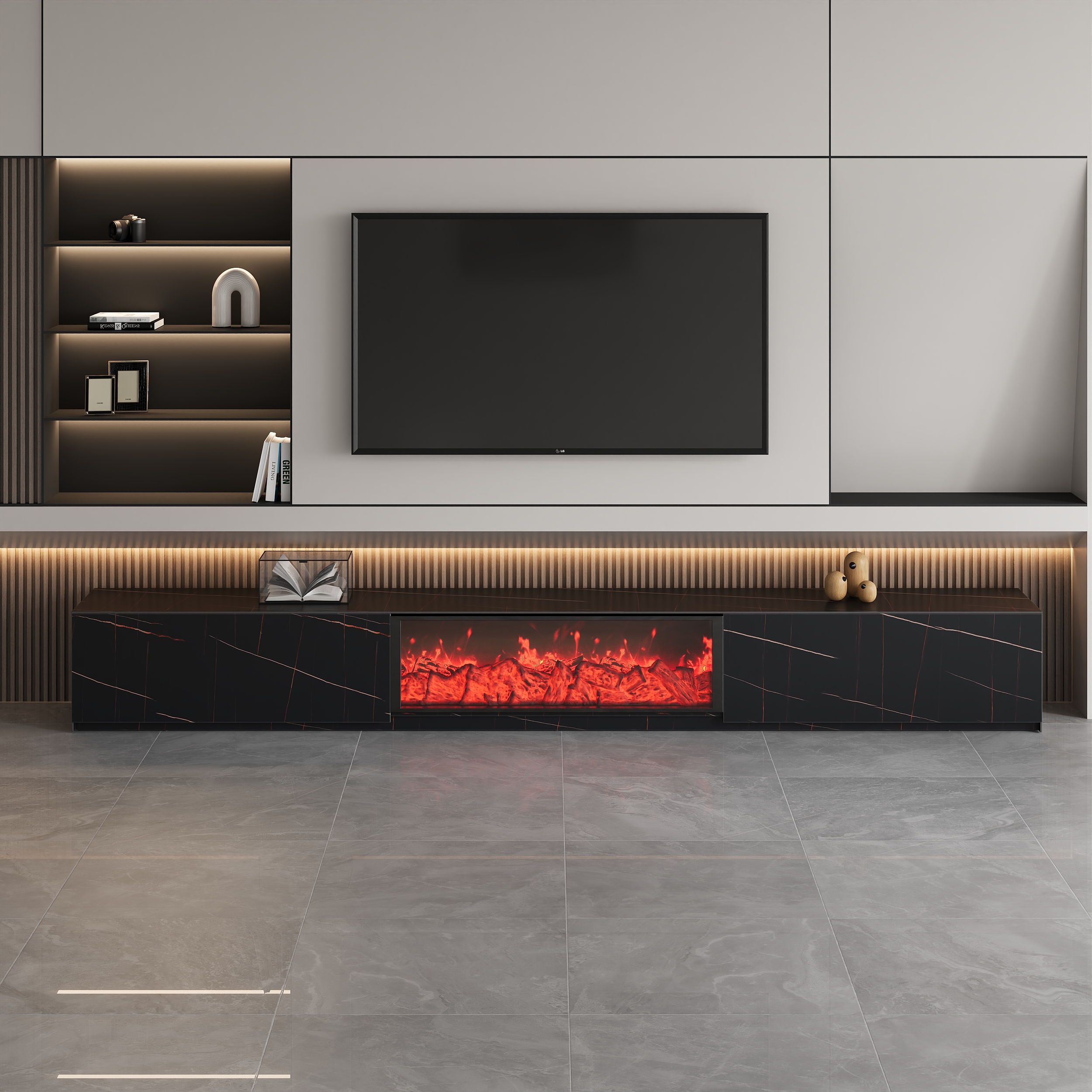 HMR Electric Fireplace TV Stand with 2 Drawers - Black, Sintered Stone, 86.6"W×15.4"D×15.4"H