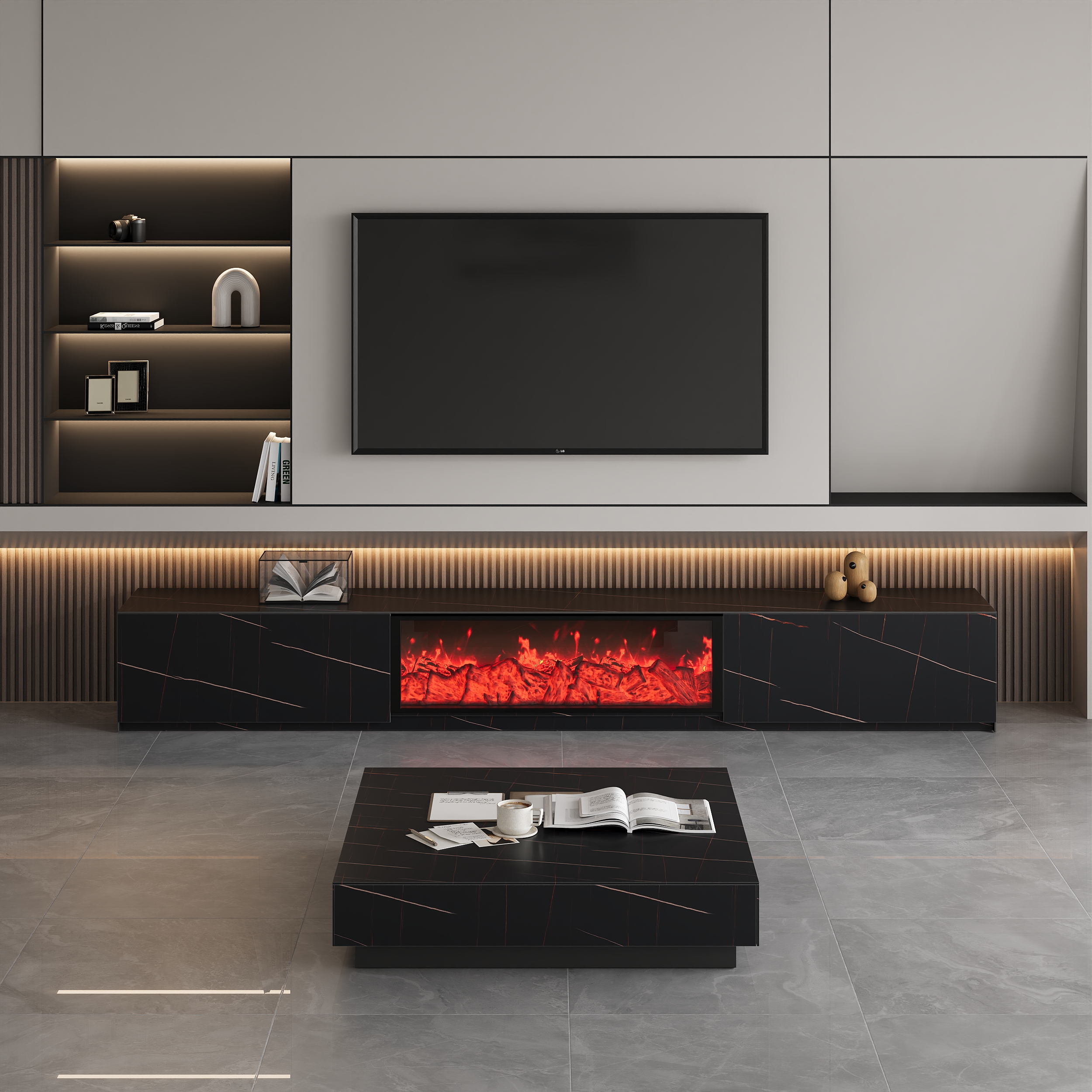 HMR Electric Fireplace TV Stand with 2 Drawers - Black, Sintered Stone, 86.6"W×15.4"D×15.4"H