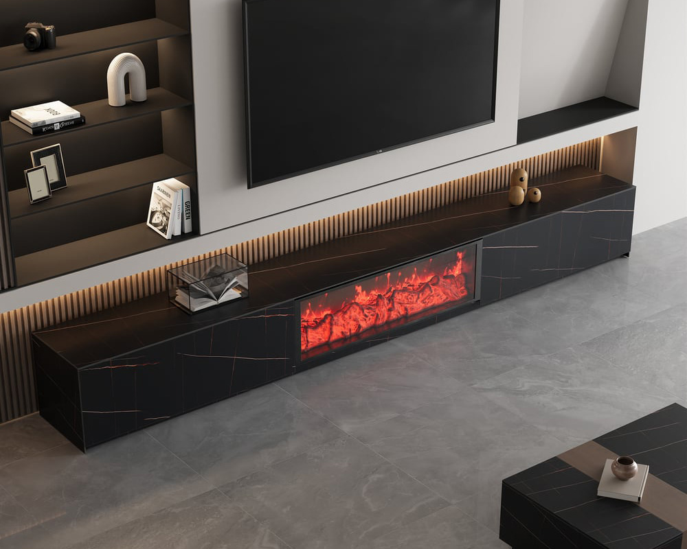 HMR Electric Fireplace TV Stand with 2 Drawers - Black, Sintered Stone, 86.6"W×15.4"D×15.4"H