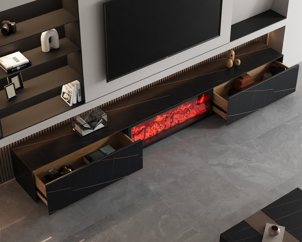 HMR Electric Fireplace TV Stand with 2 Drawers - Black, Sintered Stone, 86.6"W×15.4"D×15.4"H