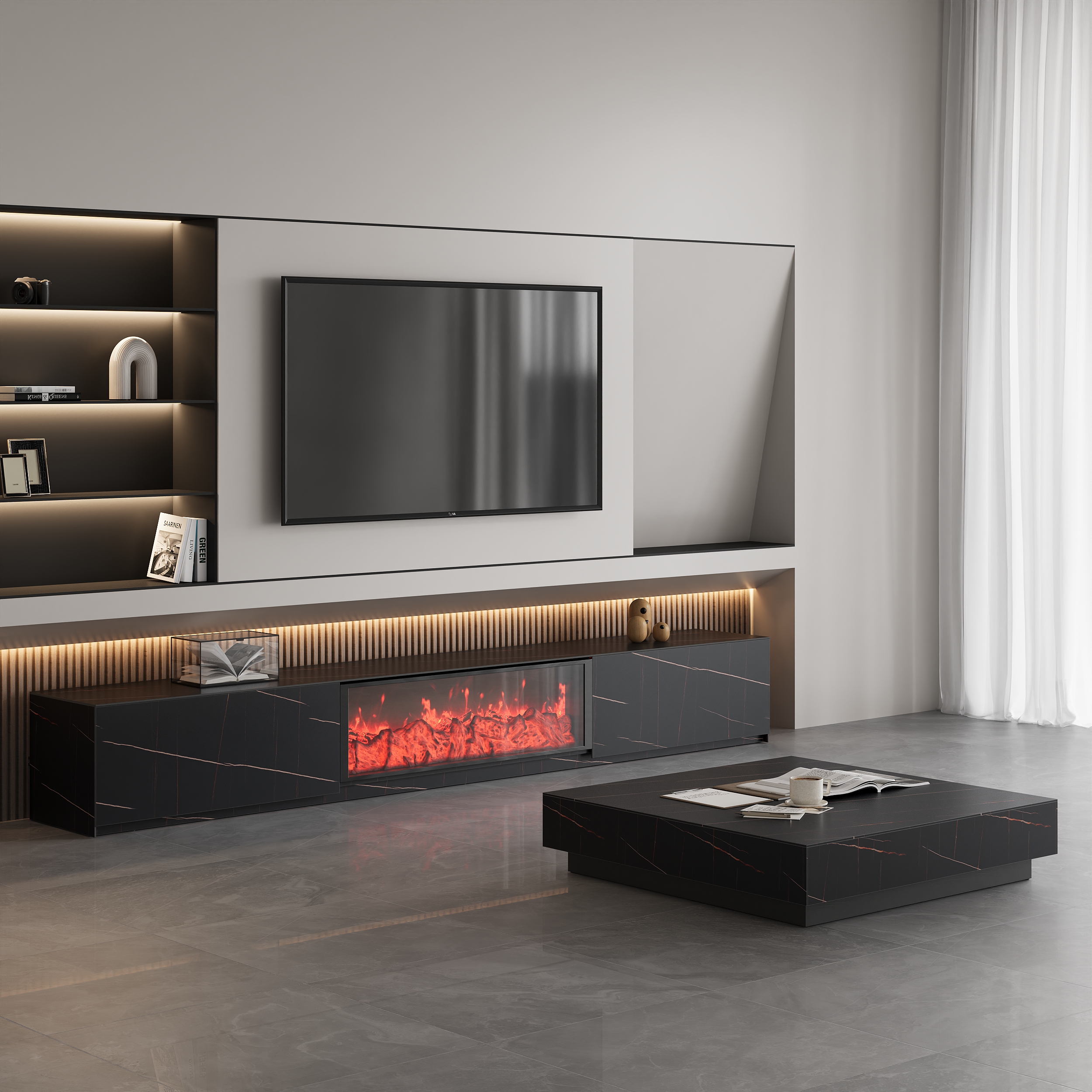 HMR Electric Fireplace TV Stand with 2 Drawers - Black, Sintered Stone, 86.6"W×15.4"D×15.4"H