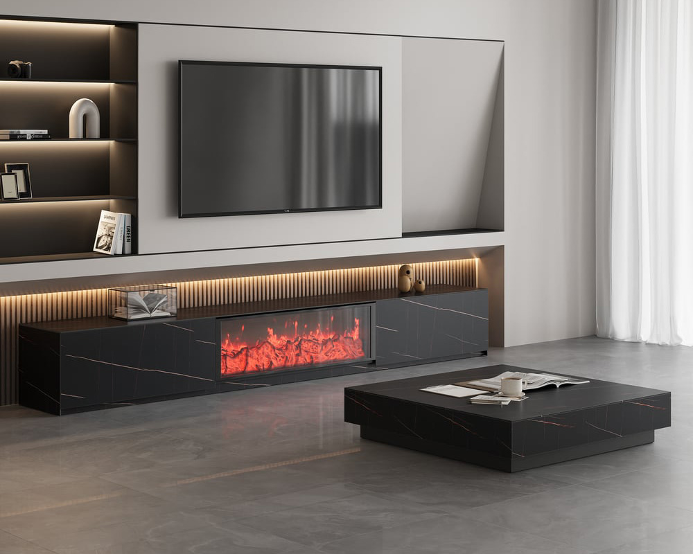 HMR Electric Fireplace TV Stand with 2 Drawers - Black, Sintered Stone, 86.6"W×15.4"D×15.4"H