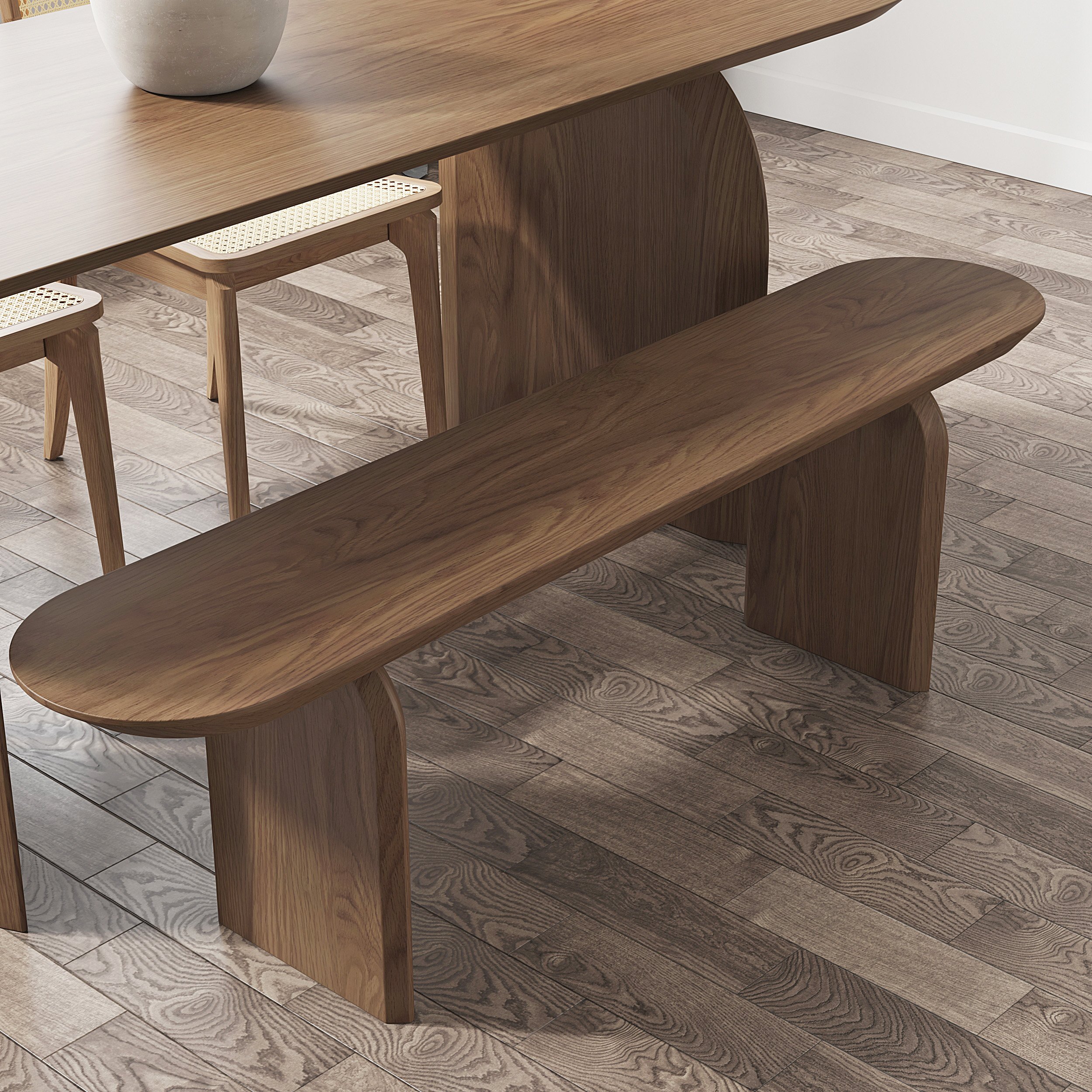 HMR Tintica Seires Japandi Oval Solid Wood Dining Bench Seats 1-2 People - Walnut, 51"