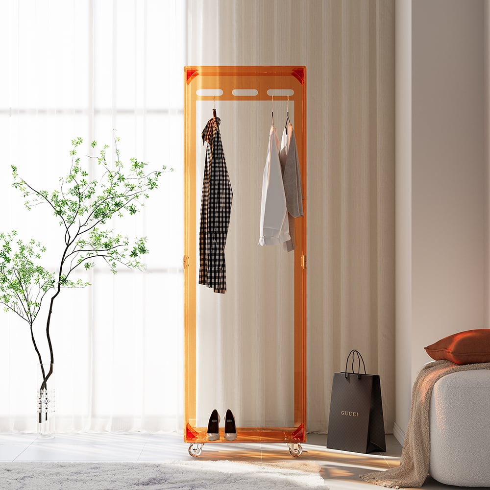HMR - 63" Modern Orange Narrow Hall Tree for Closet with Rolling Casters & 3 Hanging Area