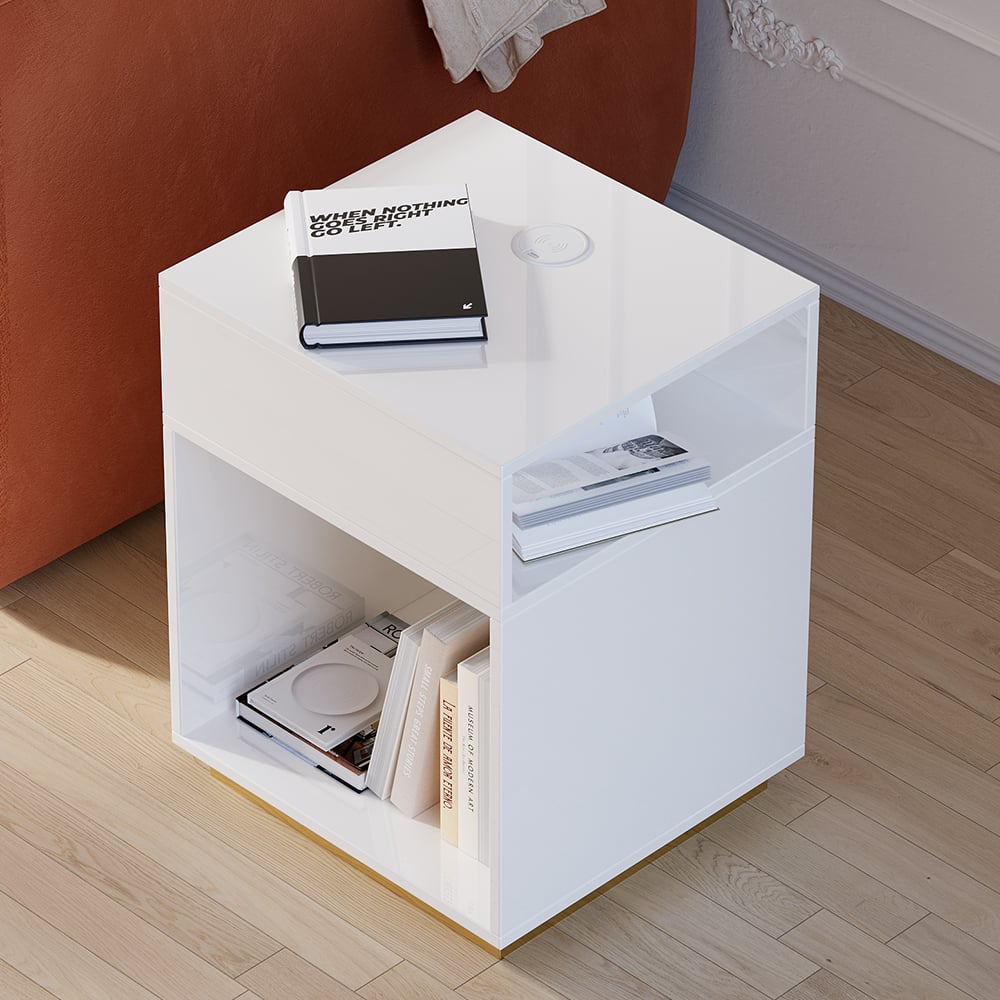 HMR - Mordelle Modern Side Table with Open Storage End Table with Charging Station Nightstand