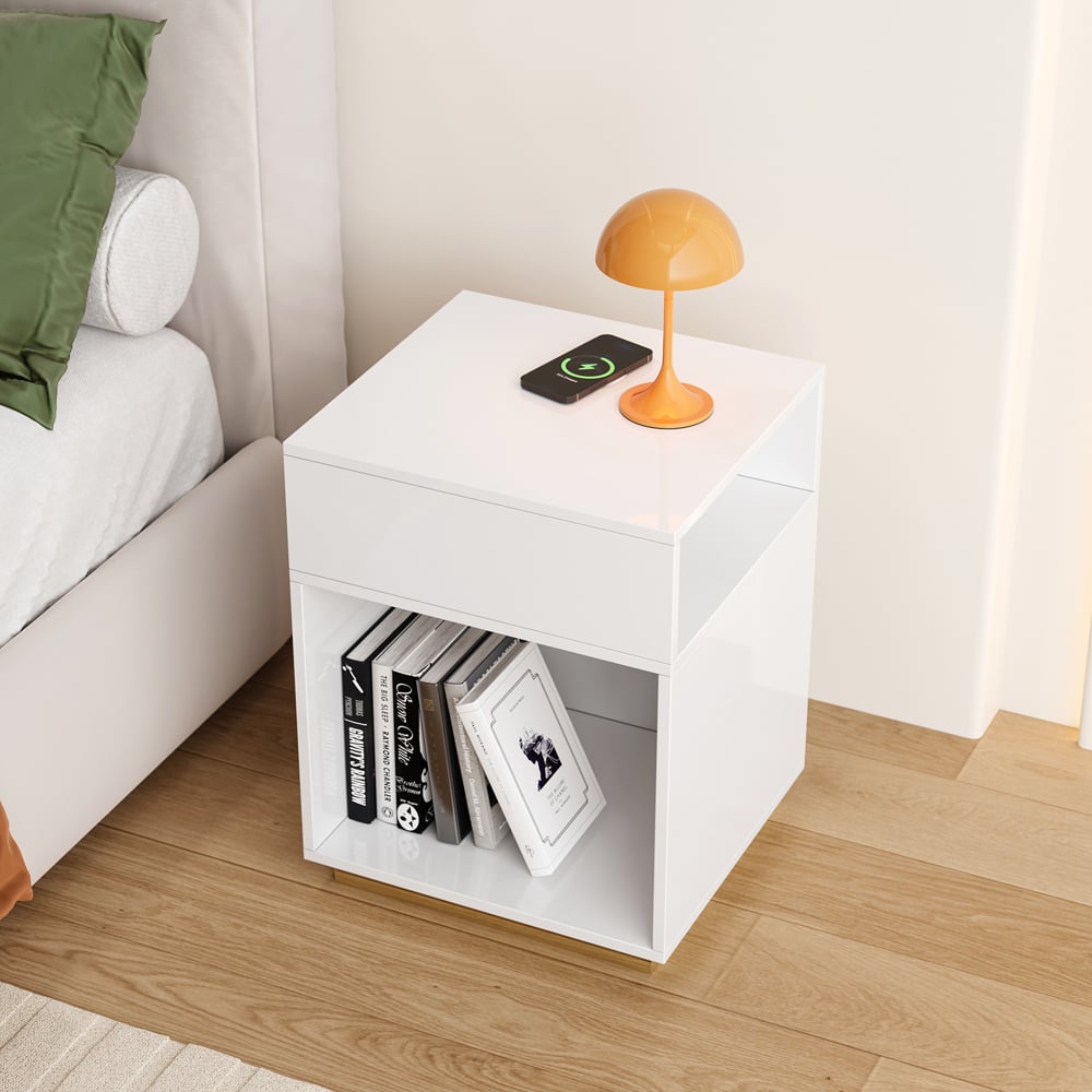 HMR - Mordelle Modern Side Table with Open Storage End Table with Charging Station Nightstand