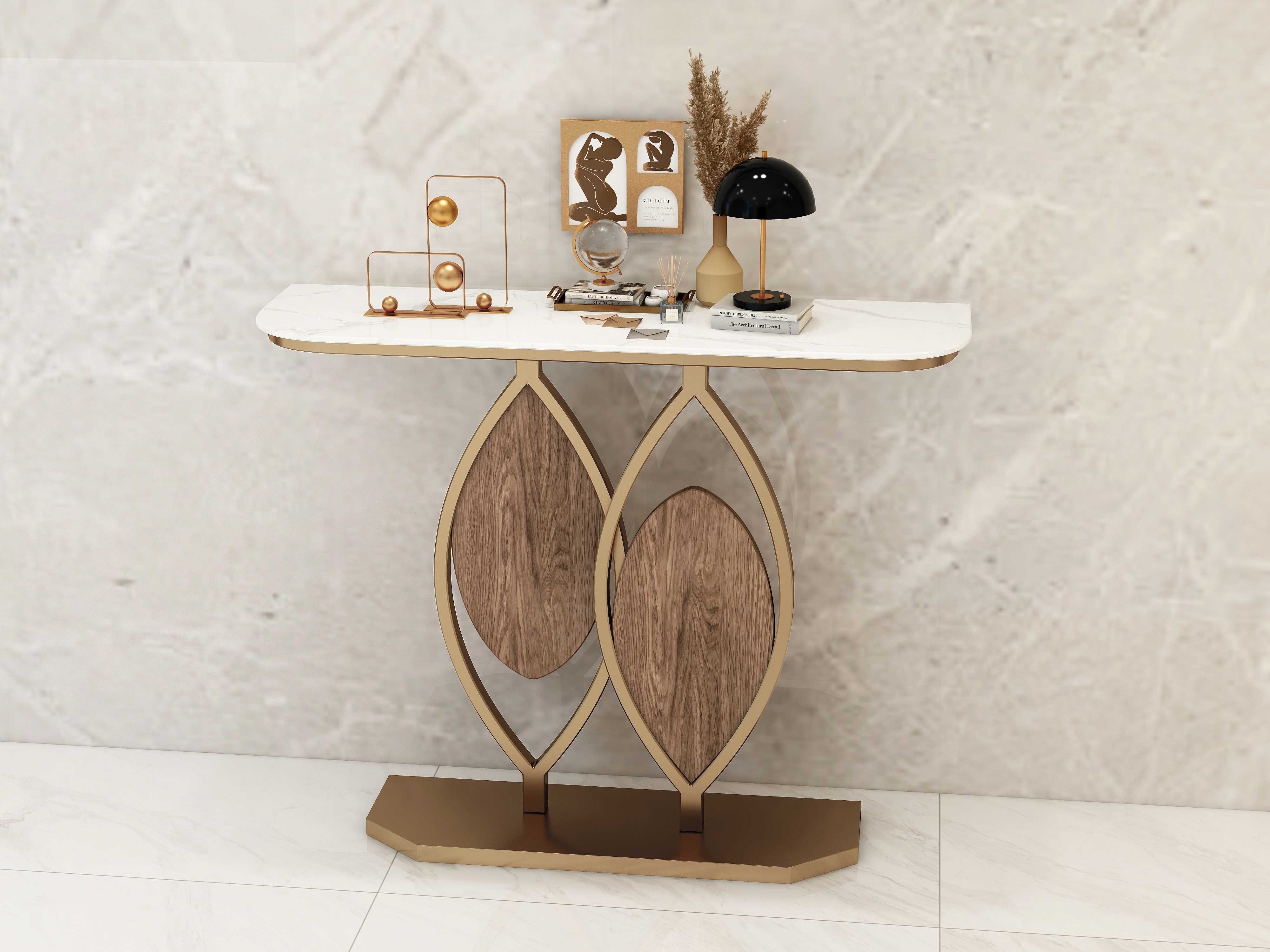 HMR - Duo 39.4" White Console Table Modern Accent Table For Entryway with Sintered Stone Top