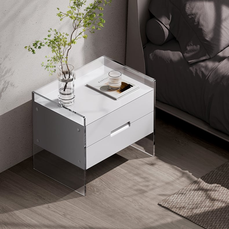 HMR - Modern Floating White Nightstand Acrylic Bedside Table with 2 Drawers
