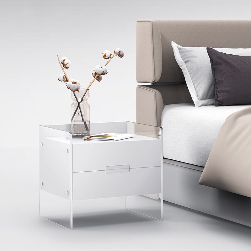 HMR - Modern Floating White Nightstand Acrylic Bedside Table with 2 Drawers