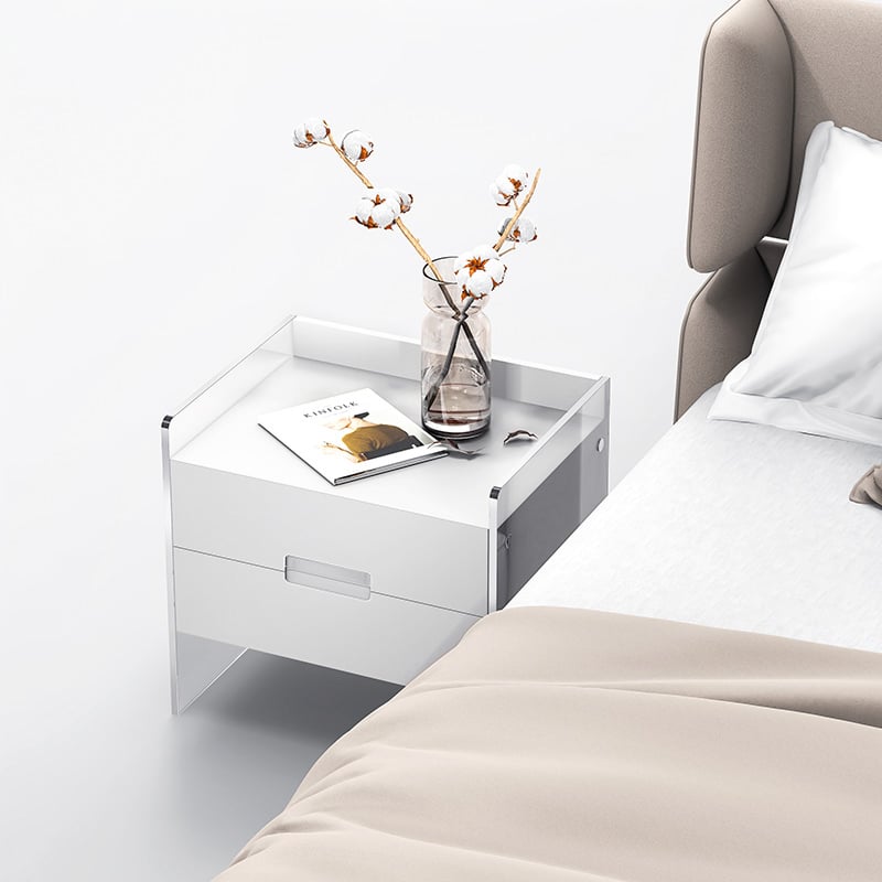HMR - Modern Floating White Nightstand Acrylic Bedside Table with 2 Drawers