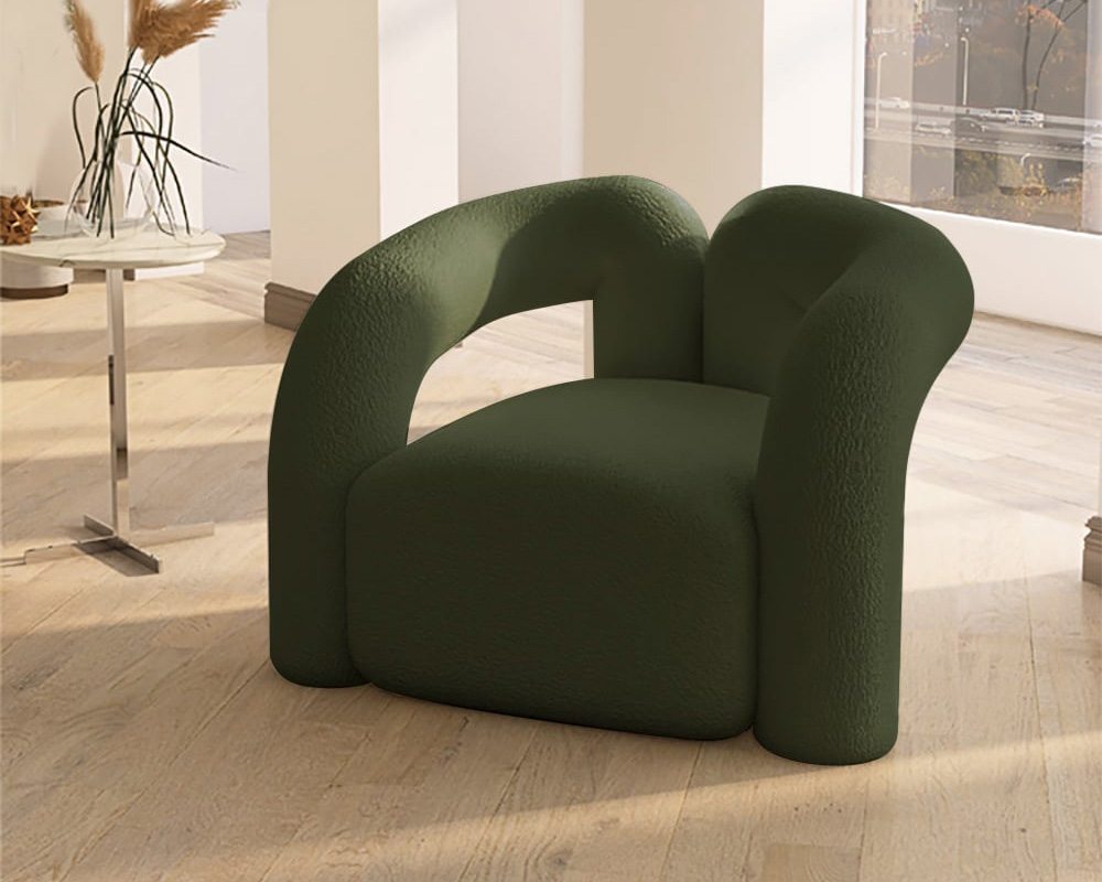 HMR Japandi Boucle Accent Chair Shaggy Armchair for Living Room - Dark Green