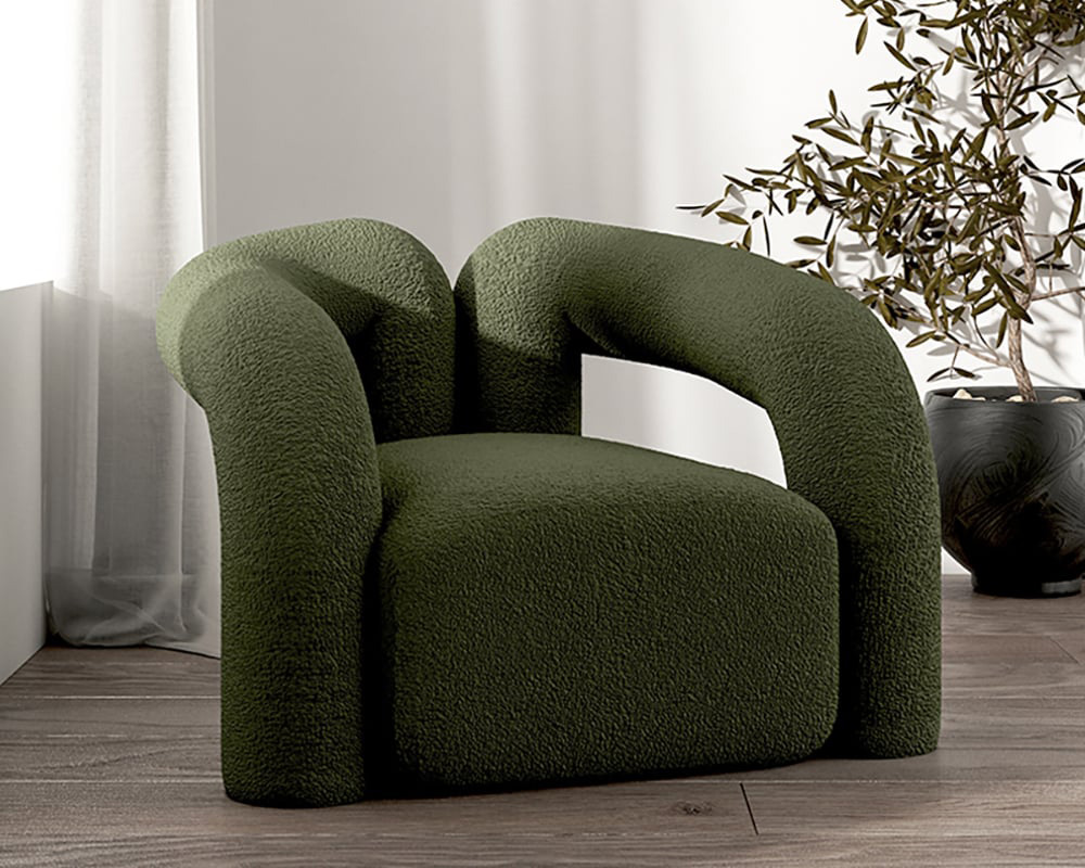 HMR Japandi Boucle Accent Chair Shaggy Armchair for Living Room - Dark Green