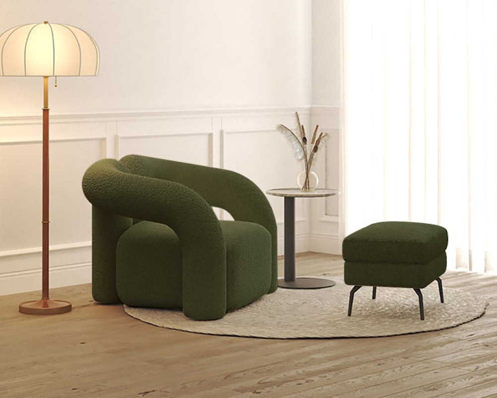 HMR Japandi Boucle Accent Chair Shaggy Armchair for Living Room - Dark Green