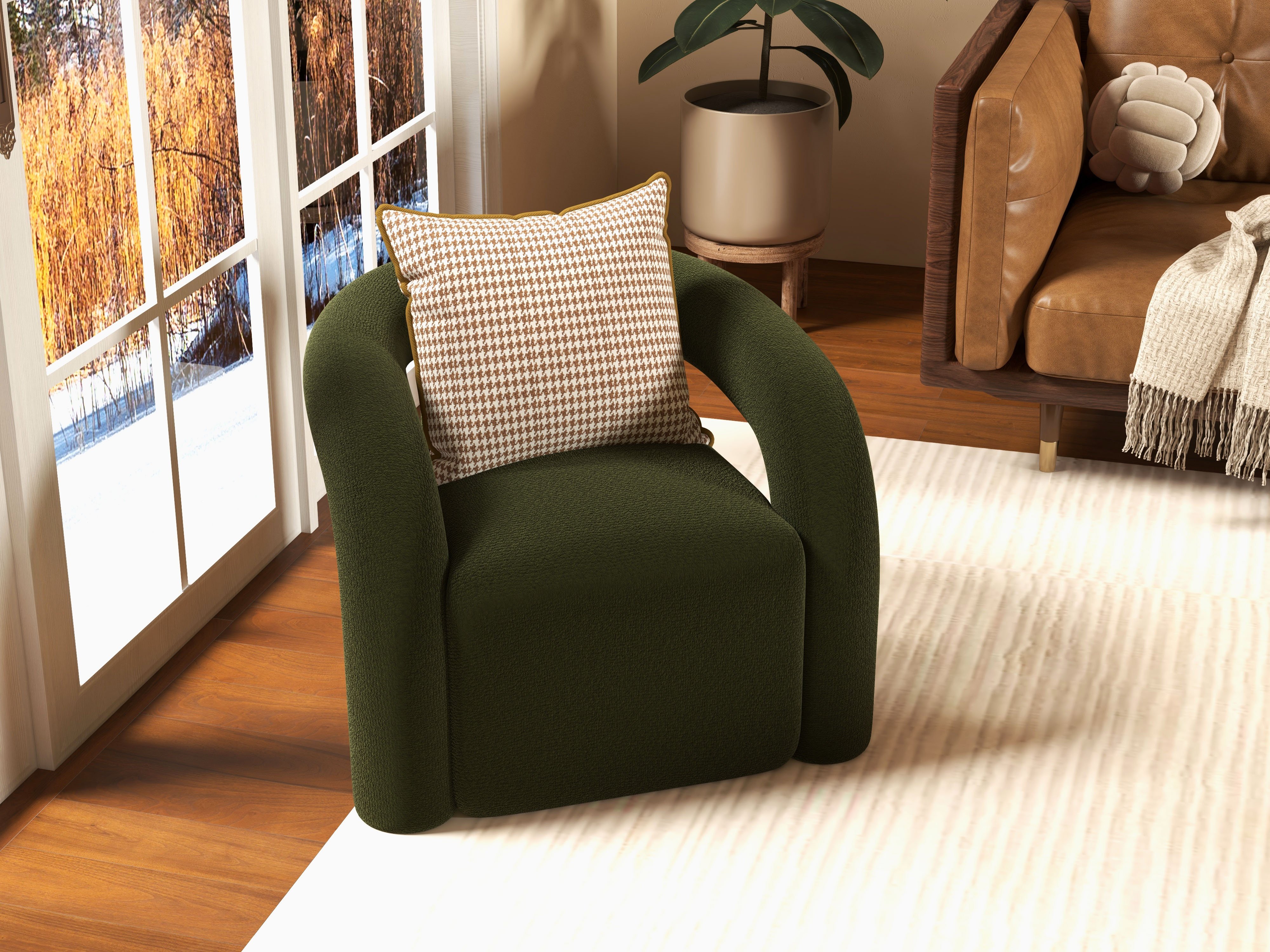 HMR Japandi Boucle Accent Chair Shaggy Armchair for Living Room - Dark Green