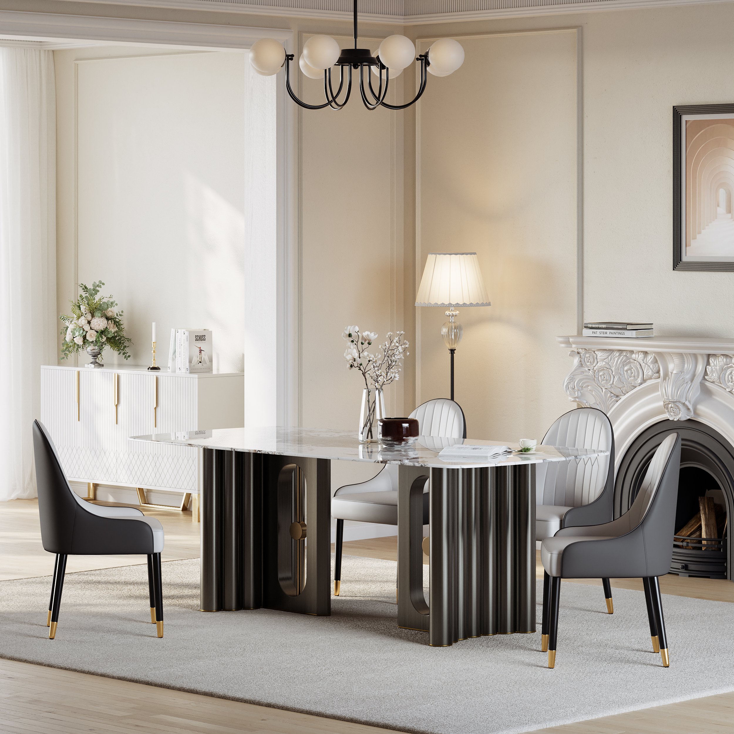 HMR - 78.7" Modern Rectangle Sintered Stone Dining Table Seats 6-8 People
