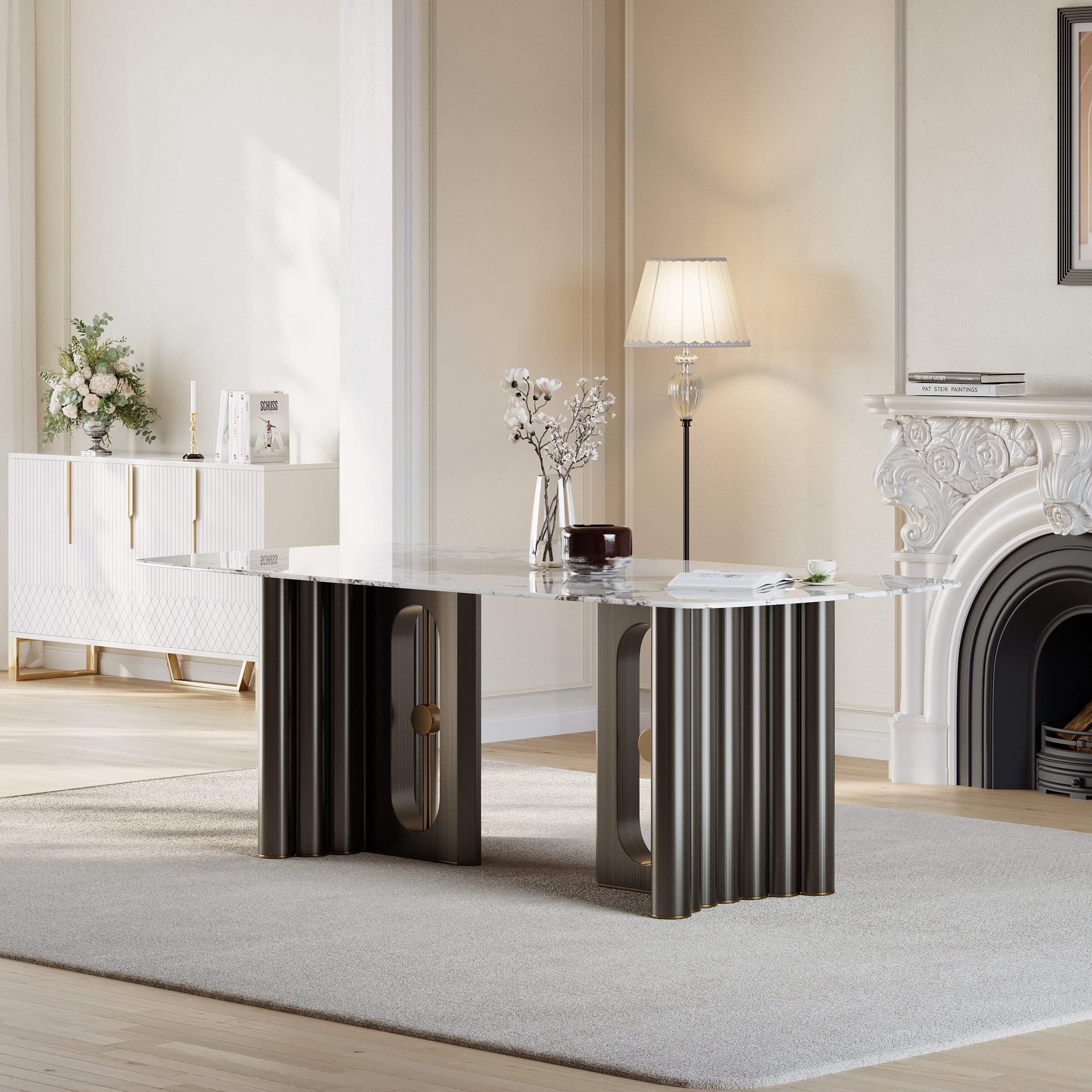 HMR - 78.7" Modern Rectangle Sintered Stone Dining Table Seats 6-8 People