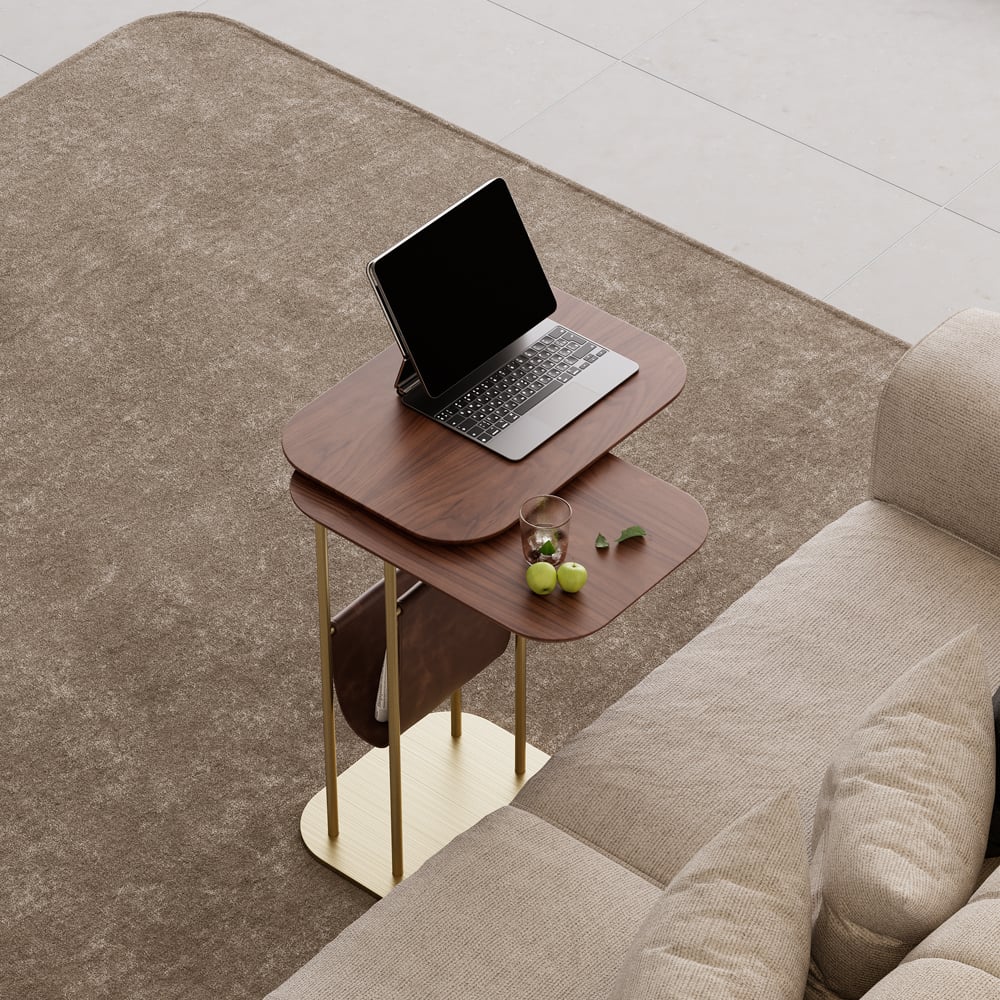 HMR - C-Shaped Walnut & Gold Rotating Side Table with Storage