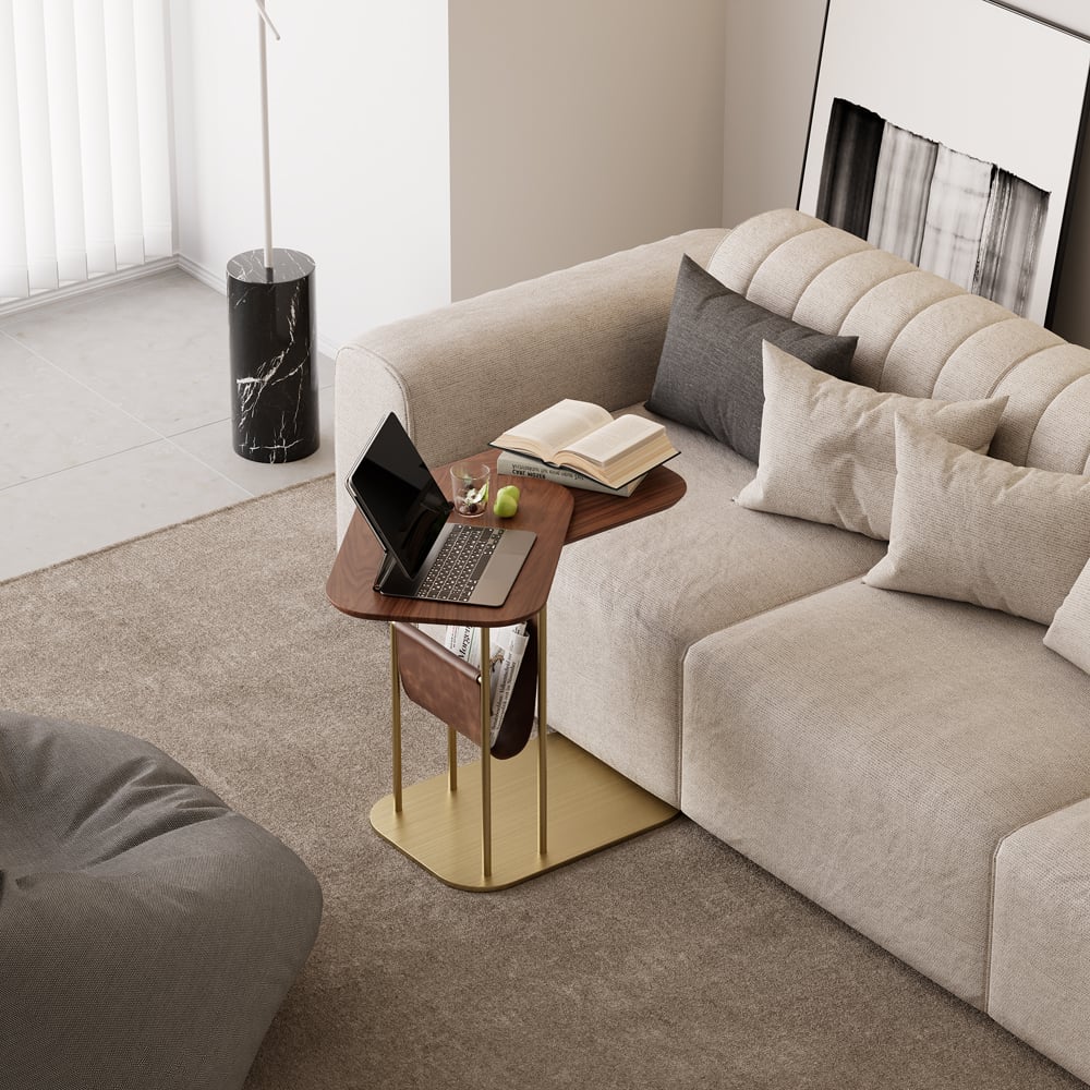 HMR - C-Shaped Walnut & Gold Rotating Side Table with Storage