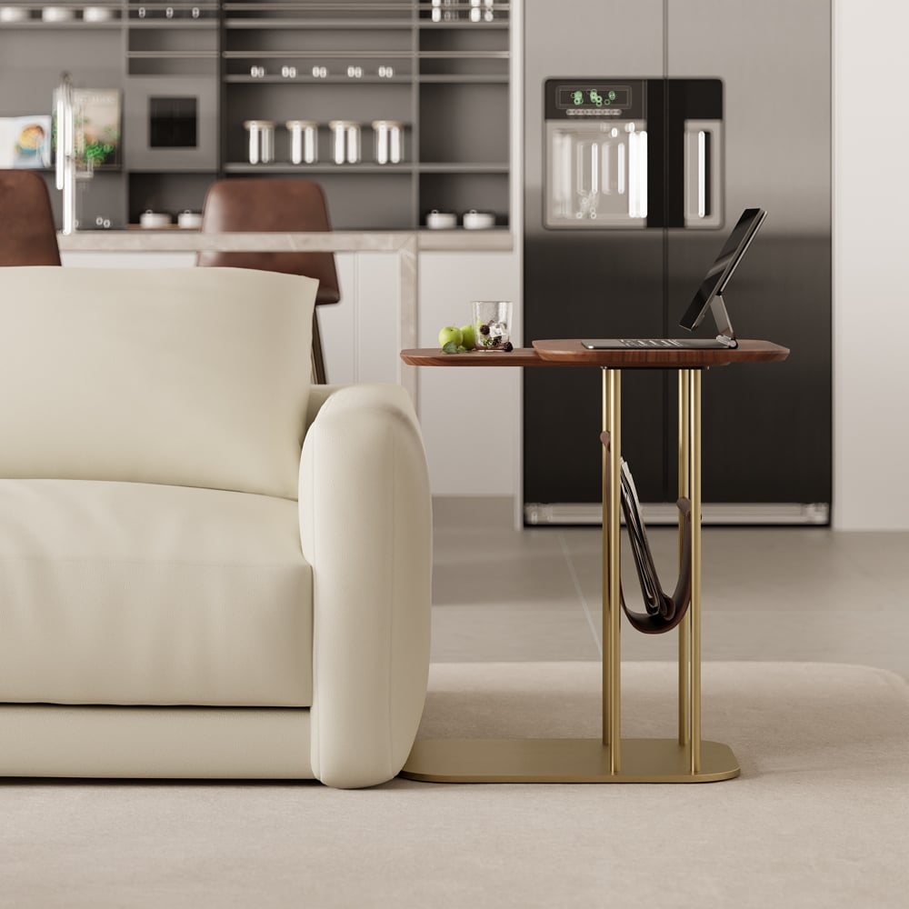 HMR - C-Shaped Walnut & Gold Rotating Side Table with Storage