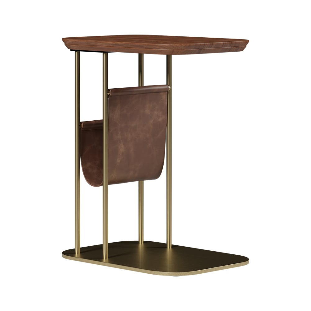 HMR - C-Shaped Walnut & Gold Rotating Side Table with Storage