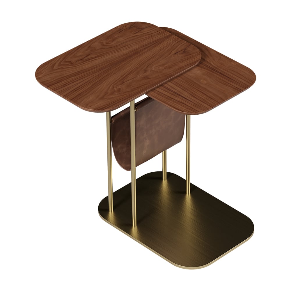 HMR - C-Shaped Walnut & Gold Rotating Side Table with Storage