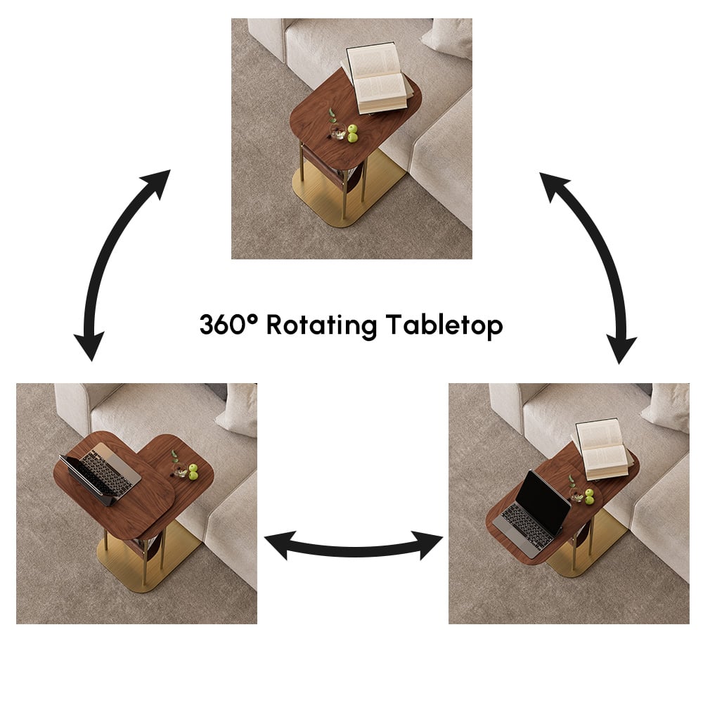 HMR - C-Shaped Walnut & Gold Rotating Side Table with Storage