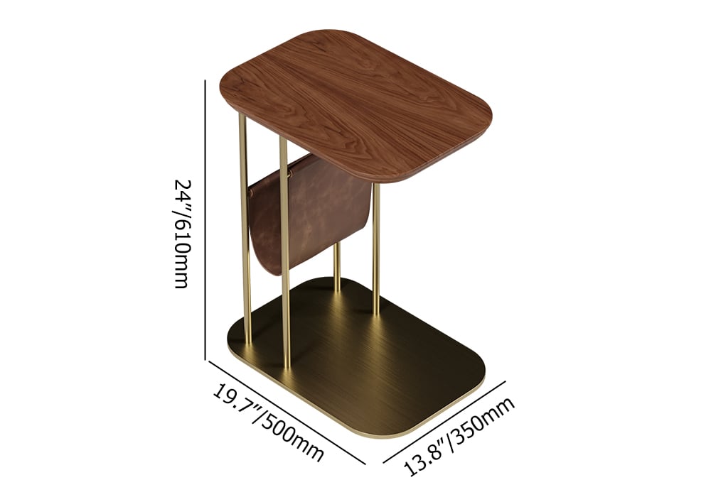 HMR - C-Shaped Walnut & Gold Rotating Side Table with Storage