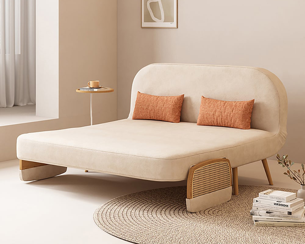 HMR Linen & Rattan Sleeper Sofa with Tray - Beige, Full Size