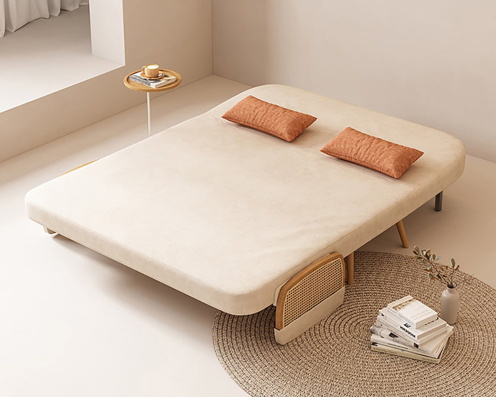 HMR Linen & Rattan Sleeper Sofa with Tray - Beige, Full Size