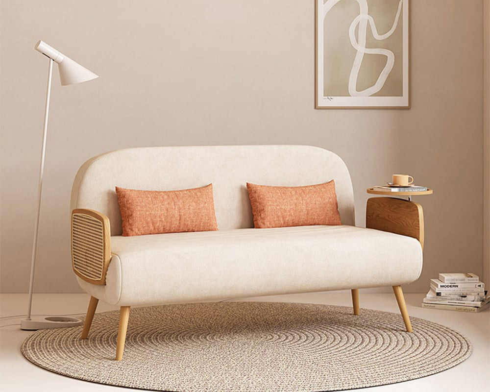 HMR Linen & Rattan Sleeper Sofa with Tray - Beige, Full Size