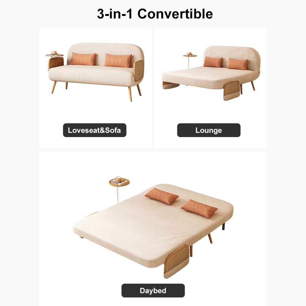 HMR Linen & Rattan Sleeper Sofa with Tray - Beige, Full Size