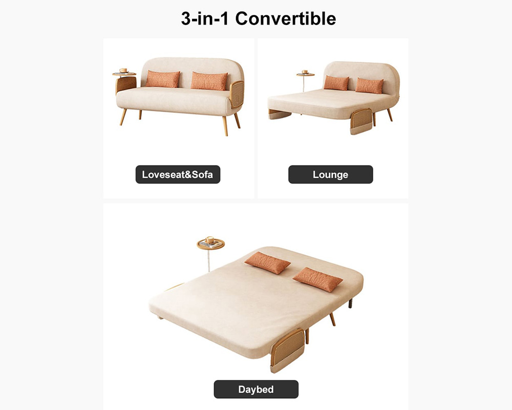 HMR Linen & Rattan Sleeper Sofa with Tray - Beige, Full Size