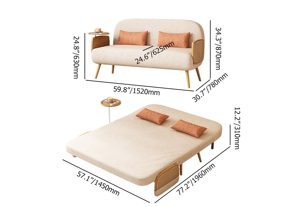 HMR Linen & Rattan Sleeper Sofa with Tray - Beige, Full Size