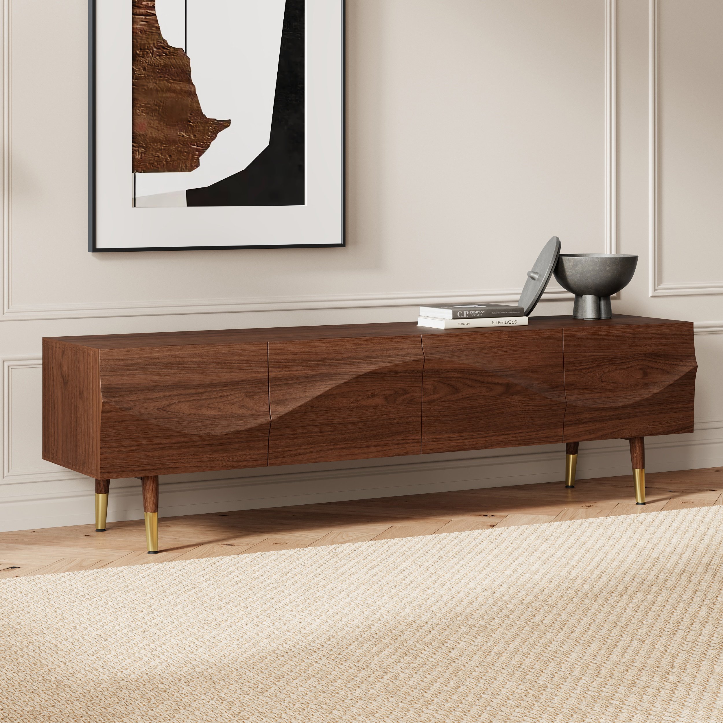 HMR - Lake Mid Century TV Stand with Wavy Design Storage 4 Drawers for TVs Up to 75"