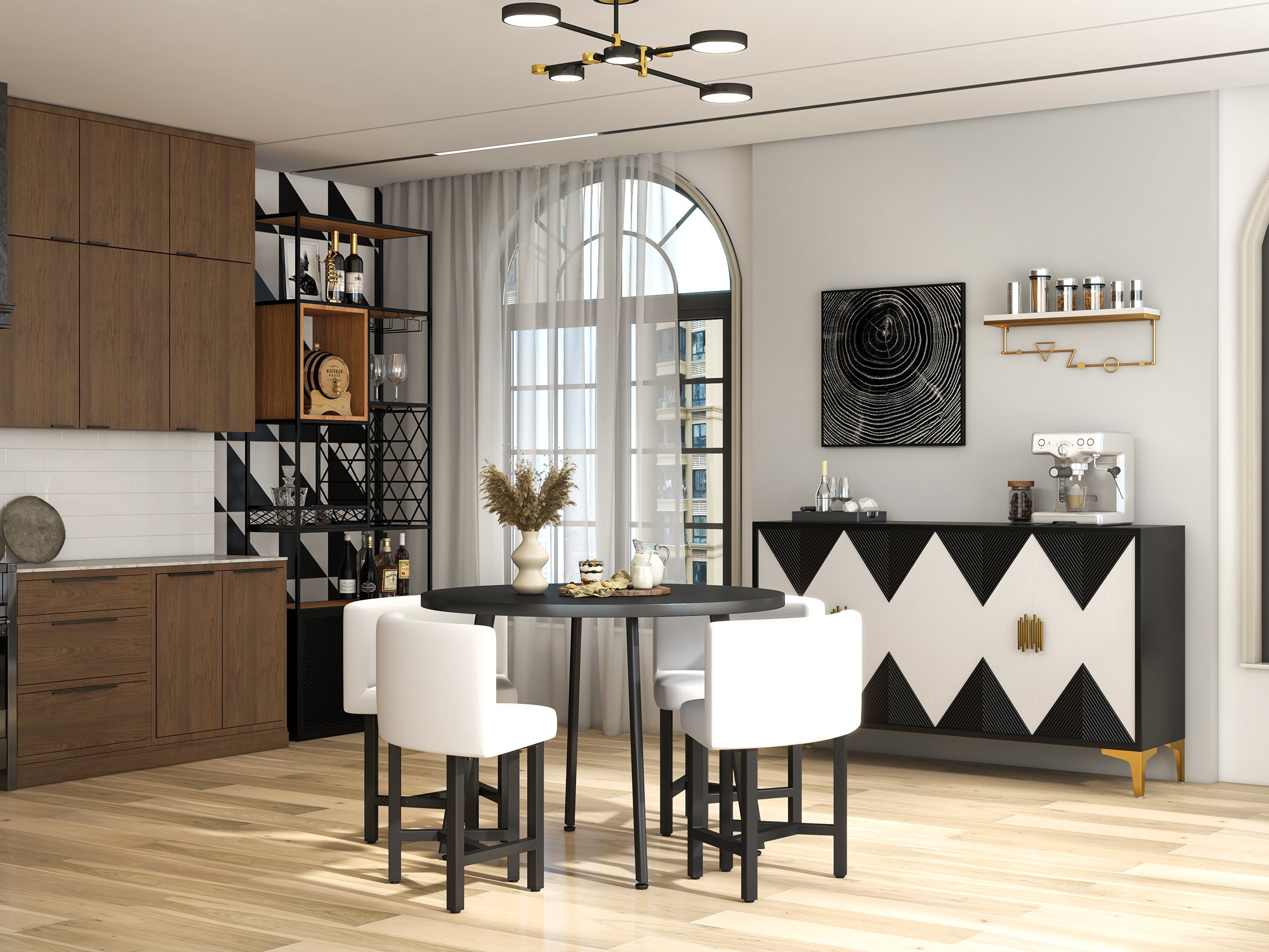 HMR Dining Set 39.4" Modern Round Wood Dining Table with 4 Chairs - White/Black