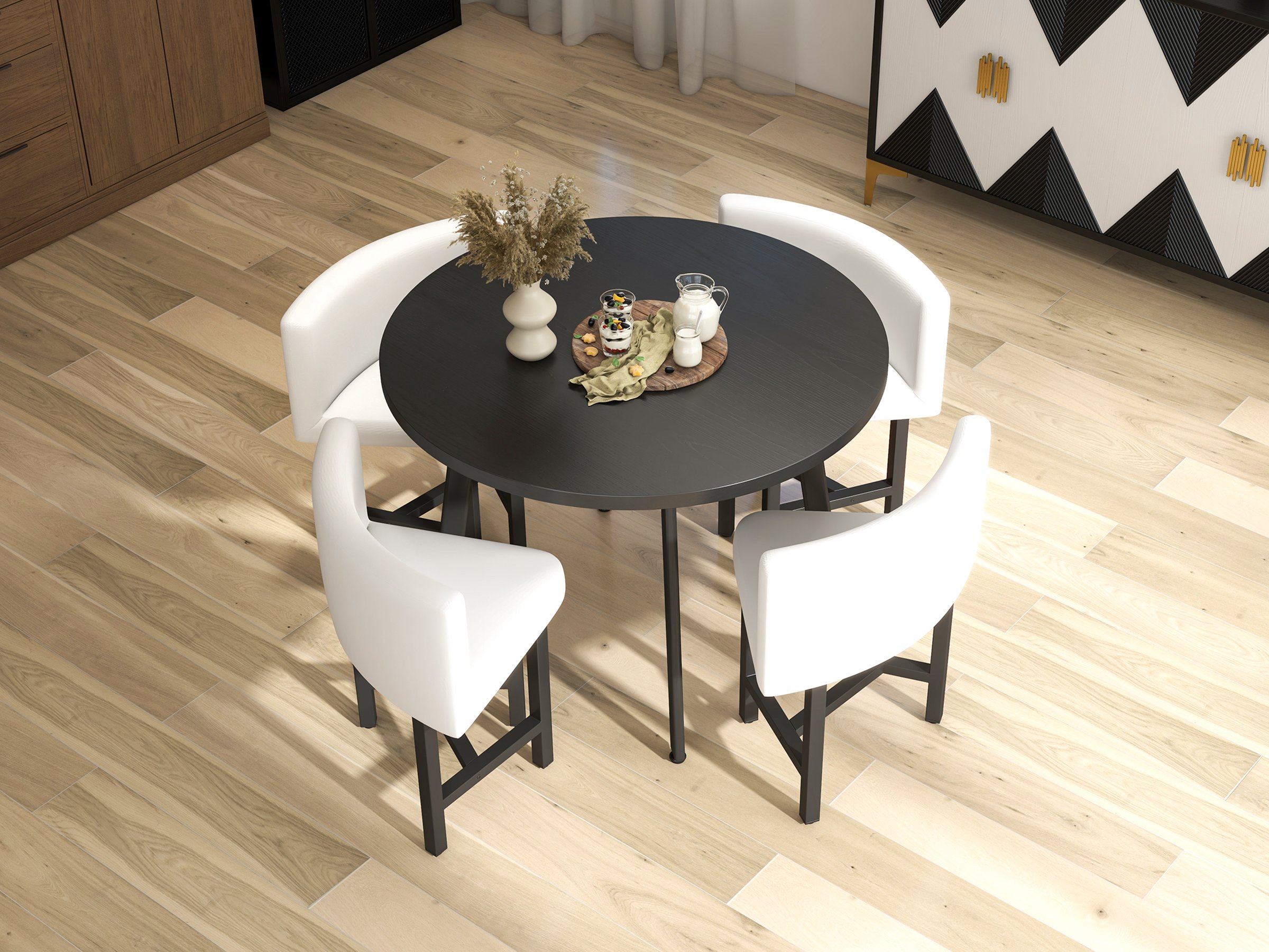 HMR Dining Set 39.4" Modern Round Wood Dining Table with 4 Chairs - White/Black