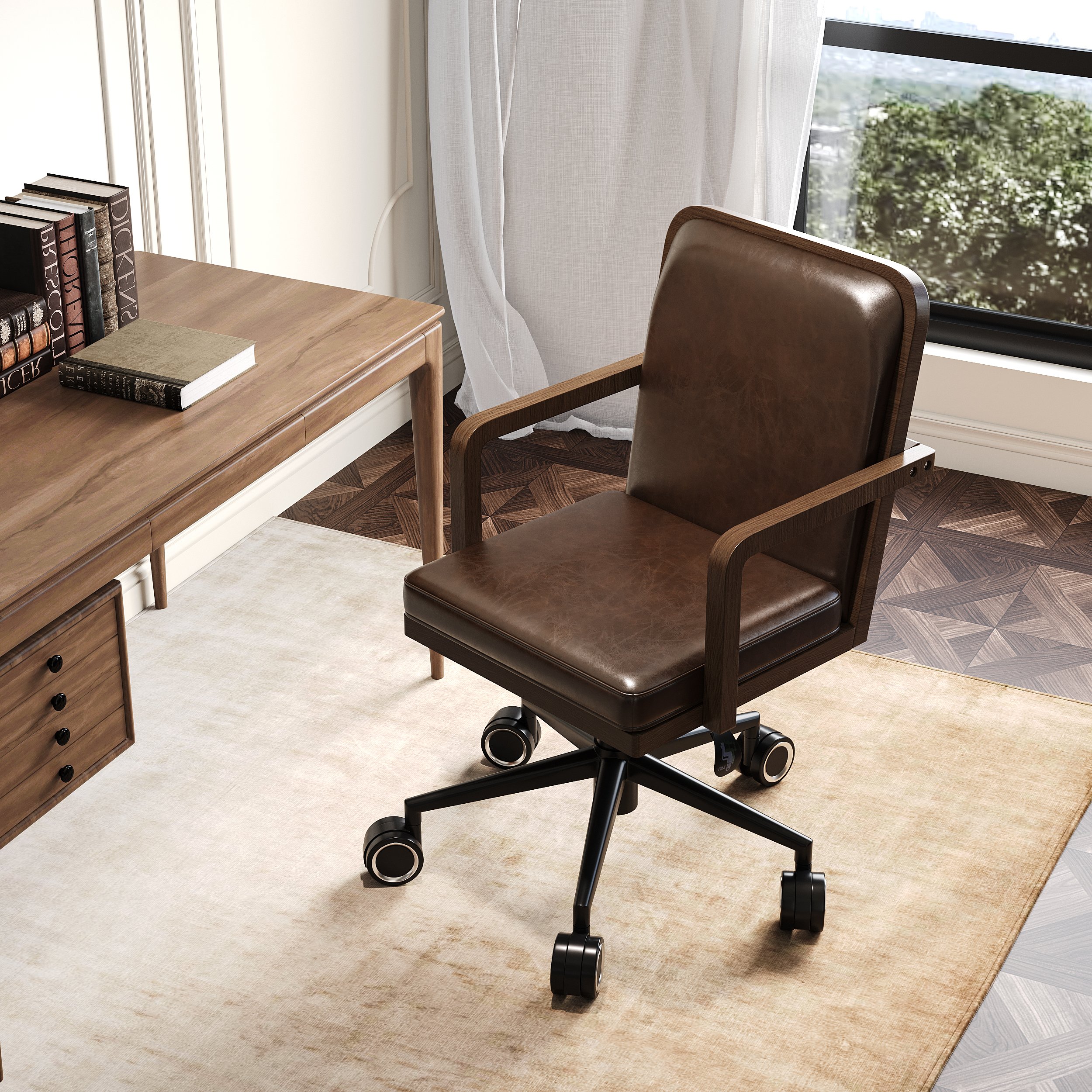 HMR - Mid-Century Faux Leather & Wood Adjustable Office Chair