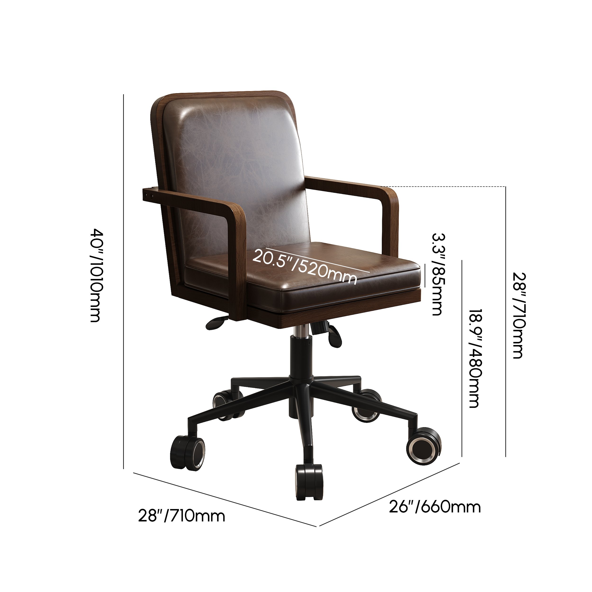 HMR - Mid-Century Faux Leather & Wood Adjustable Office Chair
