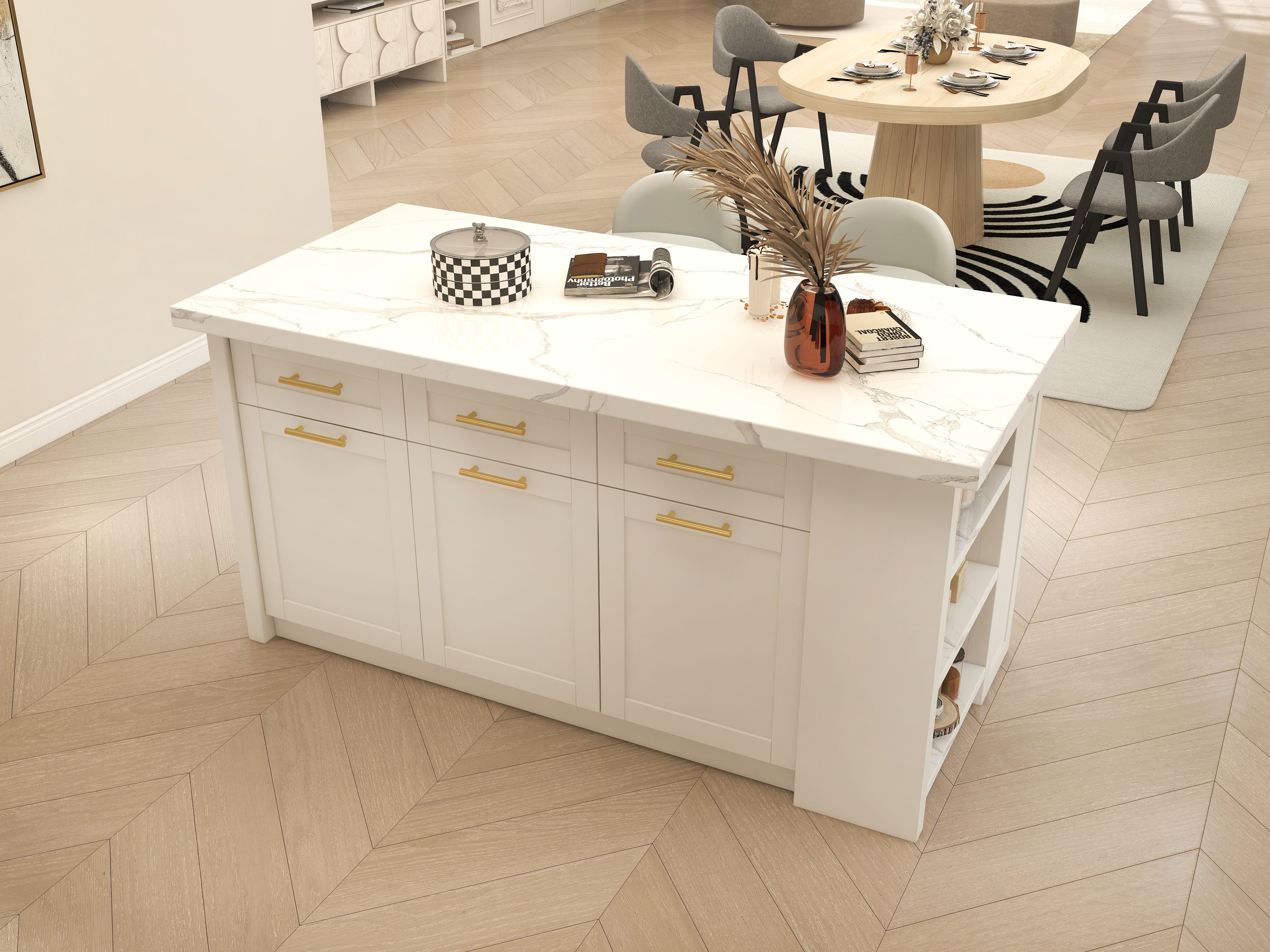 HMR 72" Modern Style Laminate Kitchen Islands with Multi-Storage - White, Engineered Wood