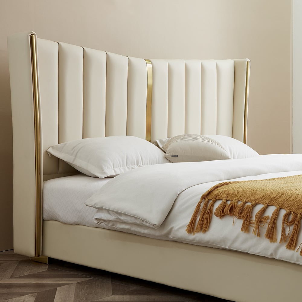 HMR - Modern Beige King Size Bed Wingback Headboard Leather Upholstery & Gold Stainless Steel