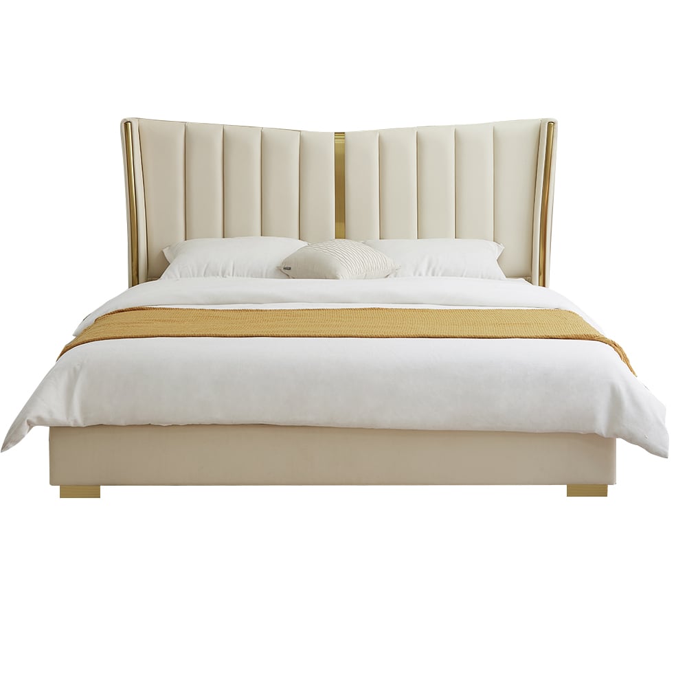 HMR - Modern Beige King Size Bed Wingback Headboard Leather Upholstery & Gold Stainless Steel