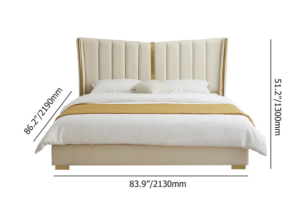 HMR - Modern Beige King Size Bed Wingback Headboard Leather Upholstery & Gold Stainless Steel