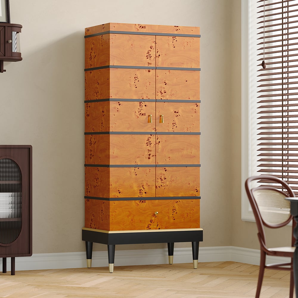 HMR - Rustic Burlwood Bar Cabinet with Glass&Bottle Holder Home Bar Cabinet