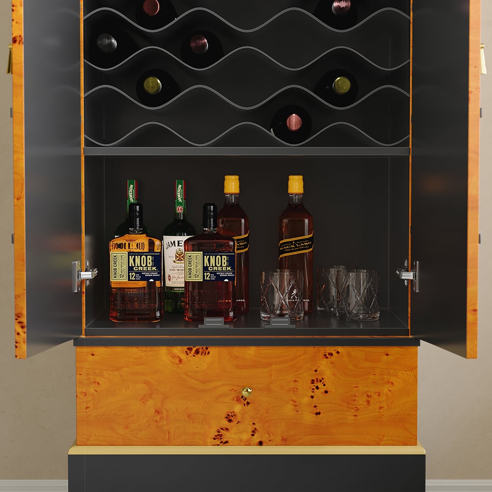 HMR - Rustic Burlwood Bar Cabinet with Glass&Bottle Holder Home Bar Cabinet