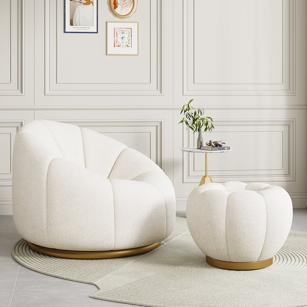 HMR - 23.6" Dia Modern White Cream Boucle Ottoman Pumpkin Pouf Ottoman Cloud Foot Stool
