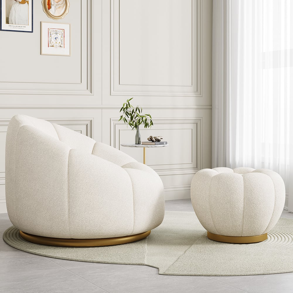 HMR - 23.6" Dia Modern White Cream Boucle Ottoman Pumpkin Pouf Ottoman Cloud Foot Stool