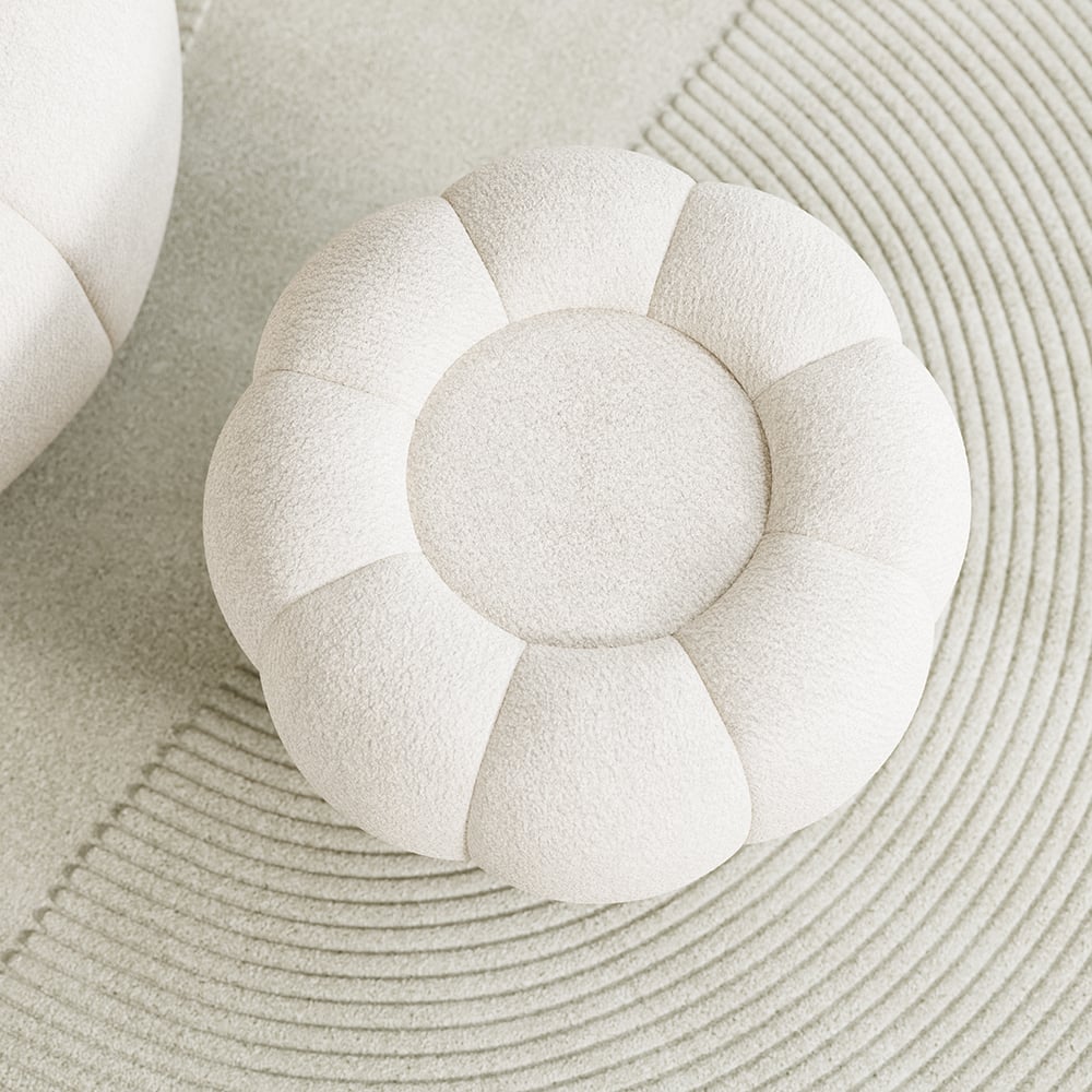 HMR - 23.6" Dia Modern White Cream Boucle Ottoman Pumpkin Pouf Ottoman Cloud Foot Stool
